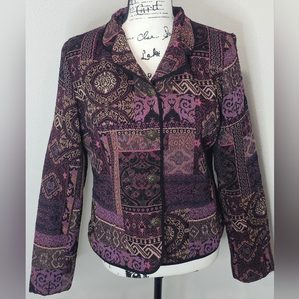 Christopher & Banks Tapestry Button Up Jacket Womens Medium Bohemian Patchwork - Picture 2 of 16